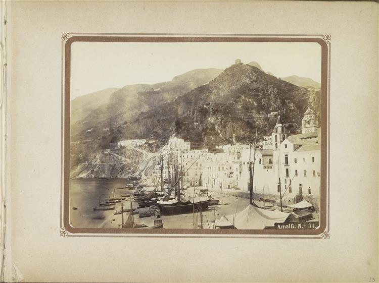 View of Amalfi with mountains, harbor and houses, c.1860 - Roberto Rive