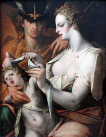 Venus and Mercury Blindfold Cupid - Bartholomeus Spranger