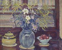 Bookcase and Flowers - Lucien Pissarro