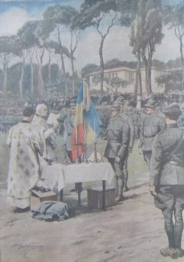 The Romanian Soldiers of the 3rd Regiment of the Legione Romena Receving the Flag, at the Ceremony of Military Oath on January 26, 1919 in Sena Square in Rome., 1919 - Achille Beltrame