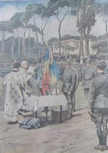The Romanian Soldiers of the 3rd Regiment of the Legione Romena Receving the Flag, at the Ceremony of Military Oath on January 26, 1919 in Sena Square in Rome. - Achille Beltrame