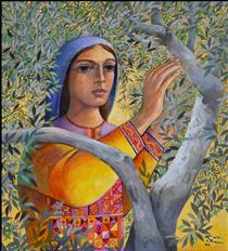 Woman Picking Olives - Sliman Mansour