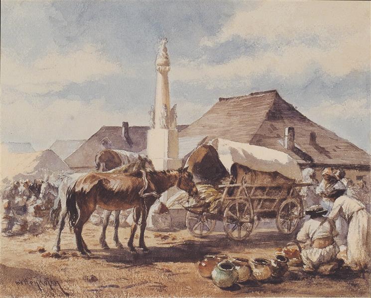 Market scene with horse-drawn vehicle, c.1855 - August von Pettenkofen
