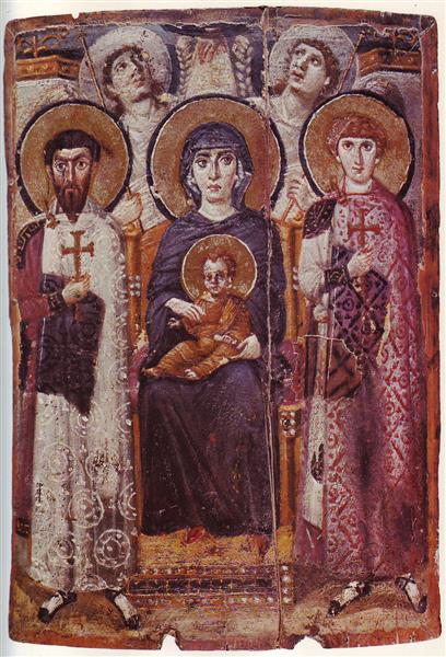Богородиця і Дитя між святими Феодором та Георгієм, c.550 - Православні Ікони