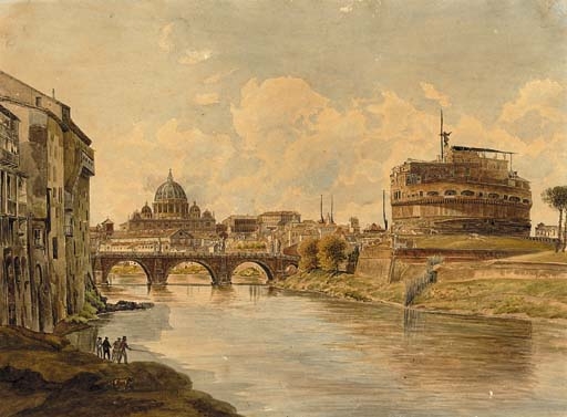 The Ponte Sant'Angelo and the Castel Sant'Angelo with St Peter's in the background - Рудольф фон Альт