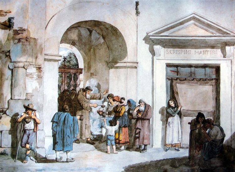 Monk gives food to the poor (Food for the poor) - Achille Pinelli
