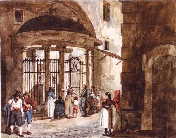 Popolani in prayer at S.Maria del Carmine in piazza Costaguti, 1835 - Achille Pinelli
