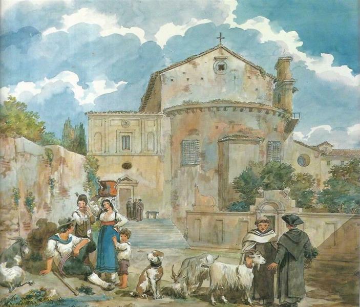 Peasant family and monks with animals near a church - Achille Pinelli