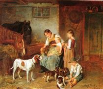 Happy family in a barn interior - Adolf Eberle