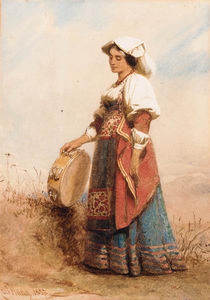An Italian woman holding a tambourine, 1857 - Карл Хаг