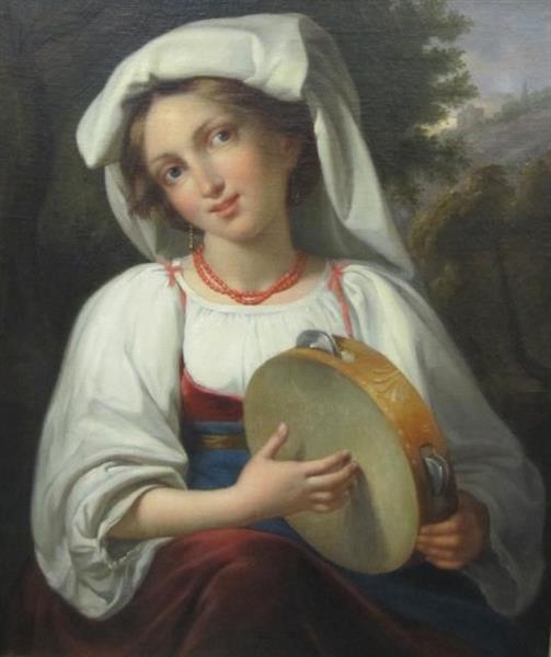 A Neapolitan Girl in traditional costume, holding a tambourine and wearing a beadnecklace, a landscape beyond - Giuseppe Mazzolini