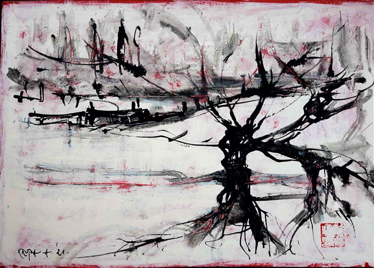 Late winter on the Kupa river (sunken willow and boats), 2021 - Alfred Freddy Krupa