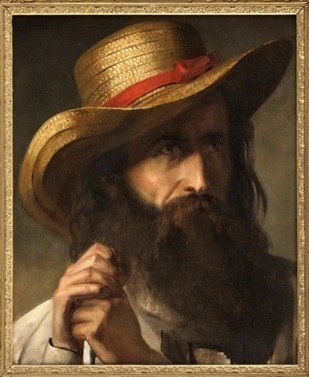 Portrait of a bearded gentleman in a straw hat leaning on a staff