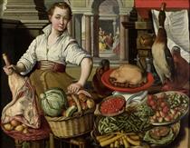 Kitchen scene, with Jesus in the House of Martha and Mary in the background - Joachim Beuckelaer