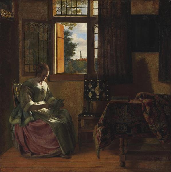 Femme lisant une lettre à une fenêtre ouverte, 1664 - Pieter de Hooch