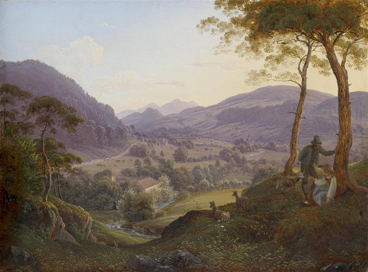 Mountain landscape near Salzburg with young couple - Франц Людвиг Катель