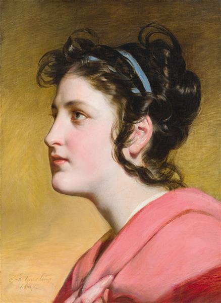 Elise Kreuzberger, profile with blue ribbon and loose hair, 1837 - Фридрих фон Амерлинг