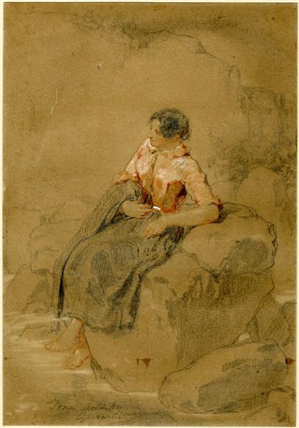 Young peasant woman sitting on a rock - Поль Гаварни