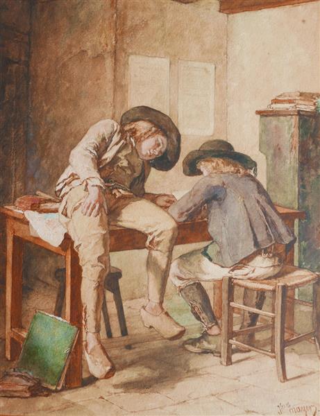 A young boy is sitting on the table where another is doing his homework, c.1875 - Jules Trayer