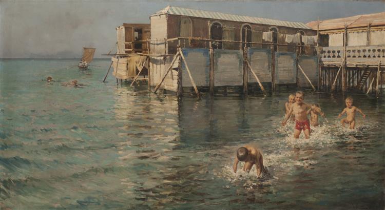 Boys taking a bath in the sea, 1887 - Винченцо Каприле
