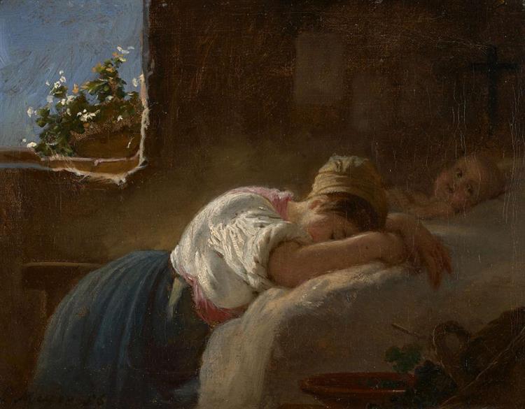 Young mother sleeping next to her baby, 1856 - Ernst Meyer