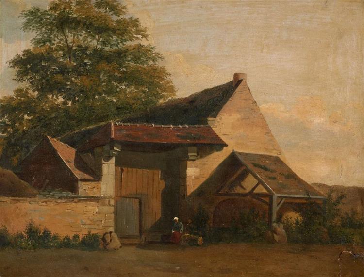 Exterior of a farmhouse with a woman sitting in front of the porch - Ernst Meyer