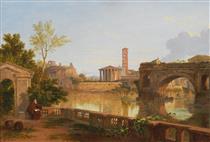 A View of Rome from the Tiber, with the Ponte Rotto and the Temple of Vesta - Penry Williams