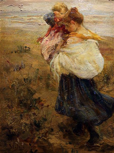 Girl with child in her arms - Alessandro Milesi