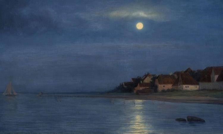 Full moon effect on the sea at Hellebaek, 1885 - Карл Блох