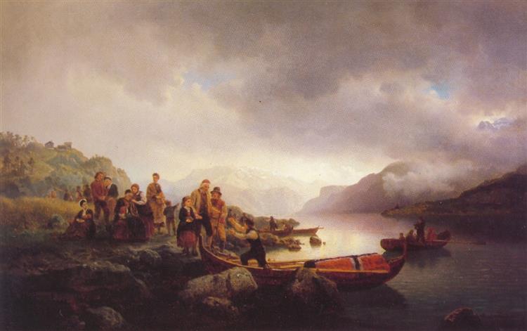Funeral on the Sognefjord (made in cooperation with Hans Gude), 1853 - Адольф Тидеманд