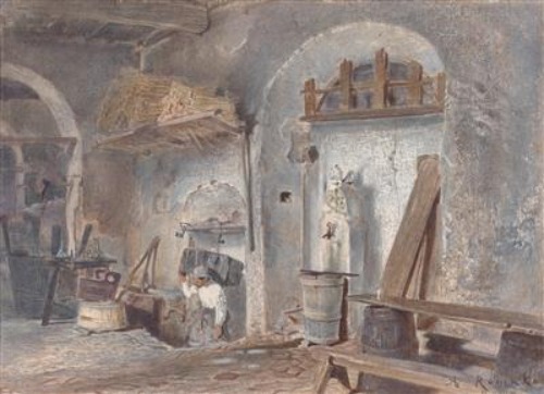 A winepress house of an Italian winecellar, c.1857 - c.1876 - Anton Romako