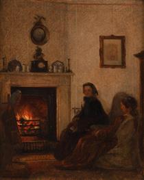 Two young women are warming themselves in the fireplace room, looking at the tame parrot - Felix Schlesinger