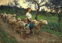 Two shepherdesses with sheep - Francesco Paolo Michetti