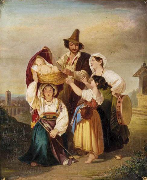 Italian family with sleeping child in the countryside, 1849 - Leopold Pollak