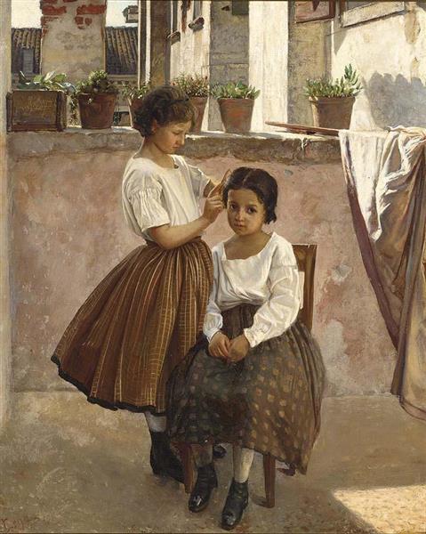 Two girls on a balcony - Silvestro Lega