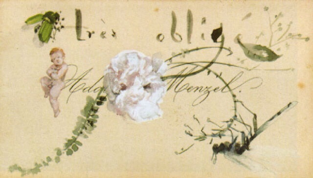 Très obligé (the artist's calling card, adorned with a peony, a dragonfly, a putto and a bee, 1878 - Адольф фон Менцель