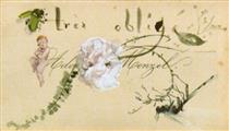 Très obligé (the artist's calling card, adorned with a peony, a dragonfly, a putto and a bee - Adolph Menzel