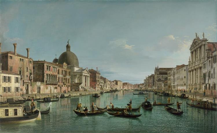 The Grand Canal in Venice with San Simeone Piccolo and the Scalzi church, c.1738 - Каналетто