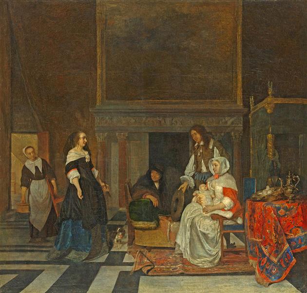 Visit to the Nursery, after the Birth of Sara Hinlopen, 1660 - 1661 - Gabriël Metsu