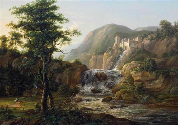 Mountain landscape with waterfall, castle and traveler on horseback in front of a hut, 1816 - Johan Christian Dahl