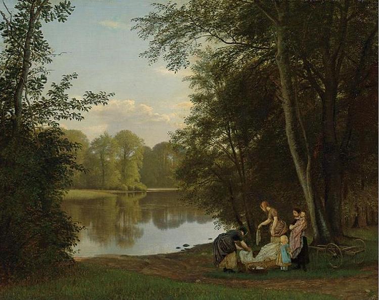 Quiet summer evening at a lake in the forest. Young women are washing clothes in Bondedammen in Hellebaek, 1857 - 1860 - P. C. Skovgaard