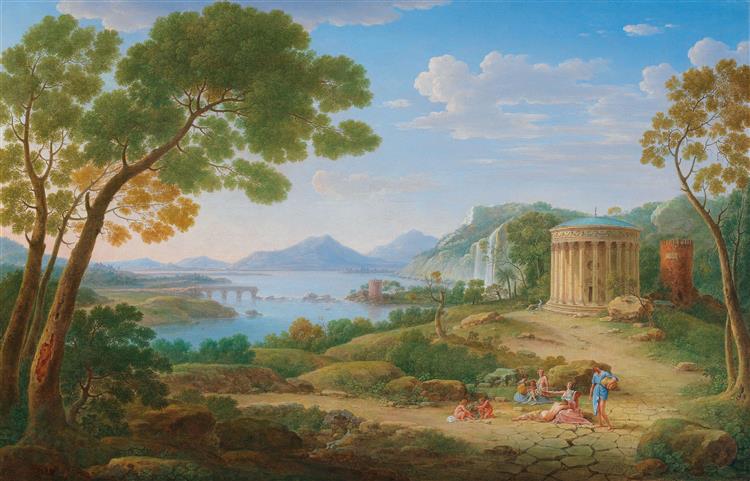Classical Landscape with Figures Seated before a Tempietto, 1749 - Гендрік Франс ван Лінт