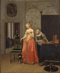 Lady with Servant and Dog - Jacob Lucasz Ochtervelt