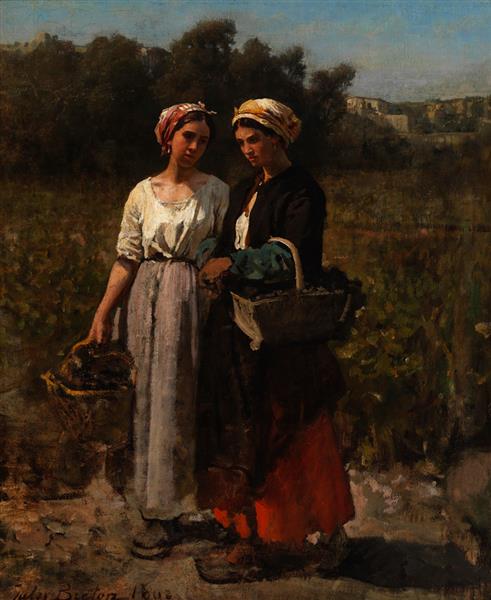 Two young woman picking grapes  (Study for „The vintage at Château Lagrange“), 1862 - Жуль Бретон