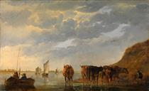 A Herdsman with Five Cows by a River - Albert Jacob Cuyp