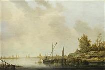 A River Scene with Distant Windmills - Aelbert Cuyp