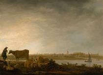 A View of Vianen with a Herdsman and Cattle by a River - Aelbert Cuyp