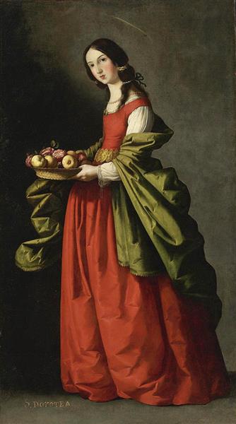 Saint Dorothy full-length holding a basket of apples and roses - Francisco de Zurbaran
