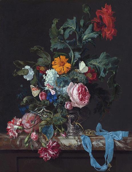 Flower Still Life with a Timepiece - Willem van Aelst