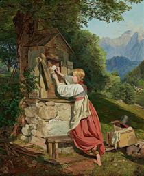 A Girl Decorates The Mother Of God With A Rose - Ferdinand Georg Waldmüller